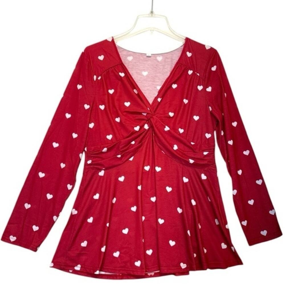 Red Heart Print V-Neck Ruched Blouse Women’s Size Large Long Sleeve Stretch